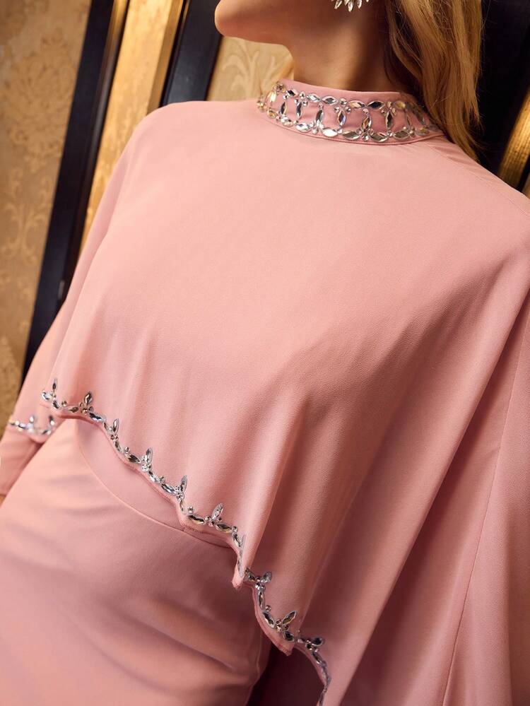 MOTF Soiréza WOMEN'S TWO PIECES FLOOR-LENGTH PARTY GOWN – MANDARIN COLLAR CAPE, CRYSTAL EMBELLISHMENTS & MERMAID FLARED SKIRT , CHIFFON FABRIC, FORM-FITTING SILHOUETTE FOR HOLIDAY PARTIES, WEDDINGS & FORMAL EVENTS