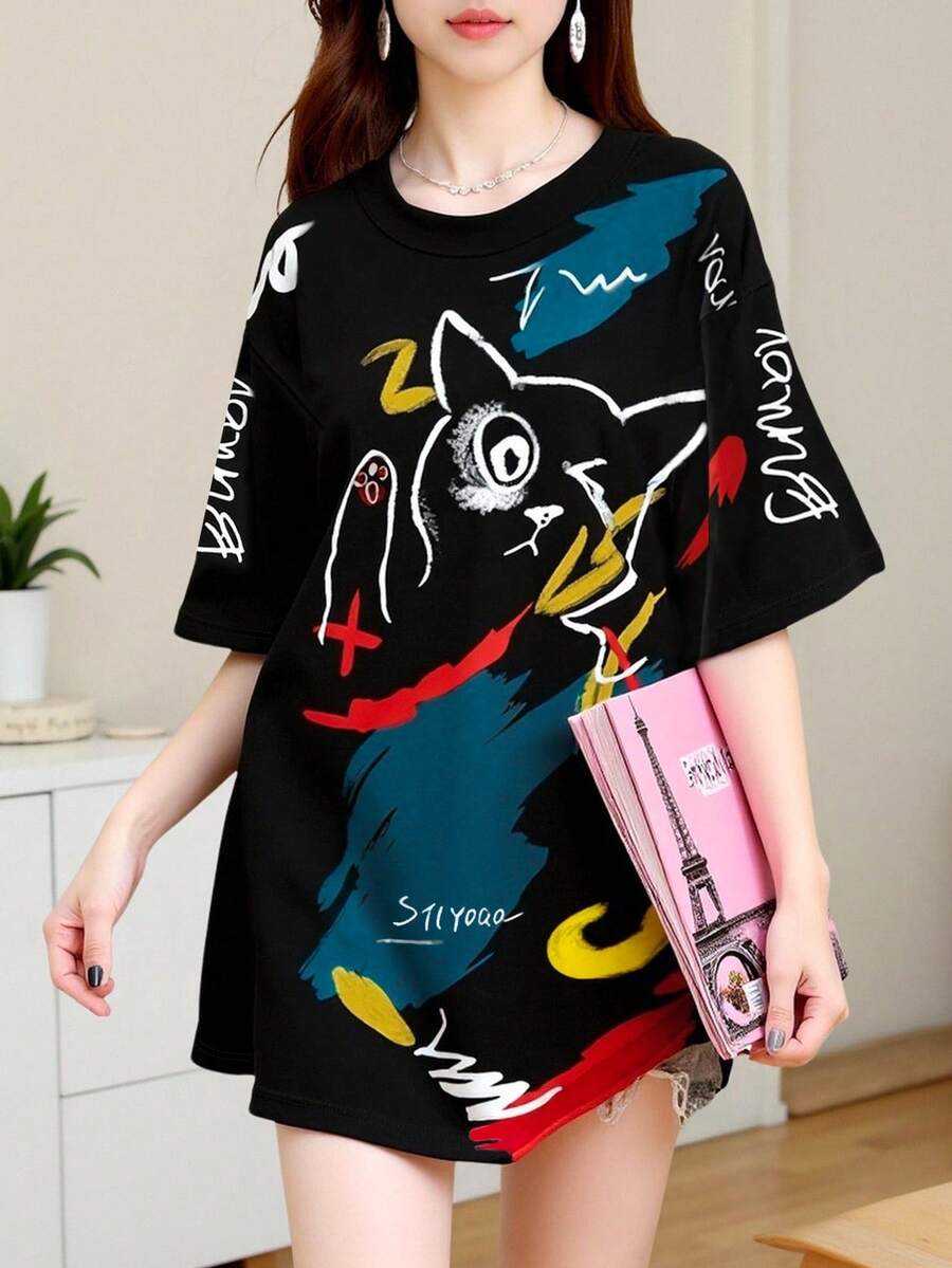 Women's Loose Casual Retro Digital Print Line Art Colorful Cat Graphic Short Sleeve T-Shirt - Black - View 1
