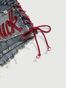 ROMWE Avant Quần short denim mini gợi cảm cạp thấp Y2K phong cách thể thao ba lê cổ điển dành cho nữ có logo thêu - Màu xanh lam - Xem 3