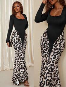 Eryvara Vestido de mujer con cuello cuadrado, ajustado y con bajo de cola de pez, con bloque de color y estampado de leopardo elegante, adecuado para el uso diario, banquetes y fiestas - Multicolor - Ver 7
