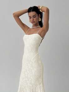 Aloruh 女士纯白色露背系带镂空鱼尾连衣裙，适合春夏、度假、婚礼季穿着。 - 米色 - 查看 4