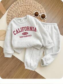 SHEIN 女婴可爱灰色字母印花长袖卫衣裤套装，秋冬款 - 彩色 - 查看 1