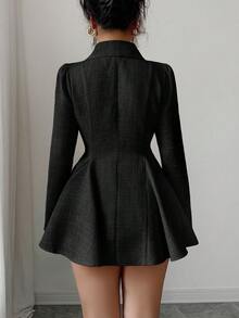 Selianne 法式秋季粗花呢泡泡袖连衣裙，腰部收紧设计，优雅显瘦，适合约会、秋冬季穿着。 - 黑色 - 查看 2