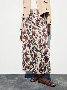 Maija 女士优雅时尚全印花半身裙 动物印花度假服 奶牛印花长裙 - 棕色 - 查看 9