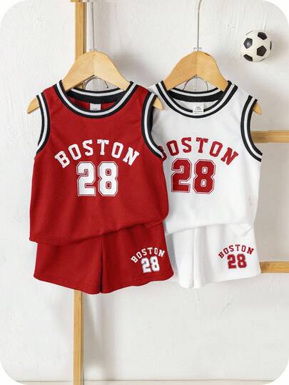 SHEIN 4pcs/Set Baby Boy Summer Cute Casual Sports Basketball Jersey, Letter Print Tank Top And Shorts Set Baby Boy Tank Set Baby Boy Basketball Outfit Set Baby Basketball Clothes 2t Boy Sets