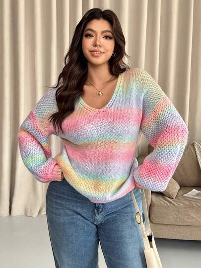 Vionelle Plus Size Women's Casual Rainbow Color Drop Shoulder Long Sleeve Knit Pullover Sweater, Autumn/Winter Rainbow Sweater Women Jumper