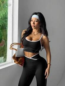 Dewbera Women's Seamless Pink Activewear Set, Striped Crisscross Waist Crop Leggings And Vest Yoga Leggings Set Active Legging Set Gym Leggings Set Curve Activewear Set Active Wear Women Active Sets Crop Top And Leggings Set - Black - View 7