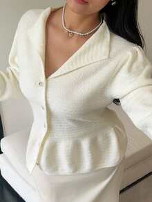 Dazy Plus Fashionable & Elegant Turndown Collar Fitted Waist Versatile White Cardigan Sweater, Plus Size Women, Autumn/Winter