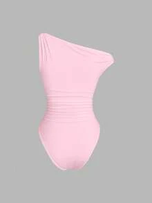 SHEIN Unity Metal Decor Ruched Bodysuit, Casual & Versatile, Spring/Autumn - Pink - View 2
