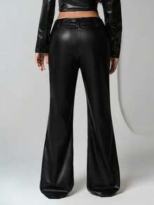 SHEIN TRNDY 1 Stück Damen Schwarze PU Leder Hose, hochwertig für Party, Alltag, Pendeln, Neujahr, Herbst/Winter, asymmetrisches Patchwork Design, schlankend, beinverlängernd, ausgestellt, minimalistisch, elegant, modisch, figurbetont - Schwarz - Übersicht 2
