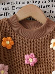 SHEIN Vintaside Kids 女婴蓝色针织3D立体花卉套头毛衣+直筒裤套装，秋冬款 - 棕色 - 查看 7