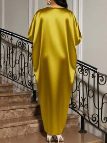 SHEIN Lady Váy ngày lễ Bốn mùa/Khách dự tiệc cưới/Trang phục/Váy dạ hội/Vàng/Trang phục dự tiệc/Vàng Váy xẻ tà phía trước bằng vải satin jacquard dành cho nữ, trang phục dự tiệc thường ngày thanh lịch - Màu vàng - Xem 3