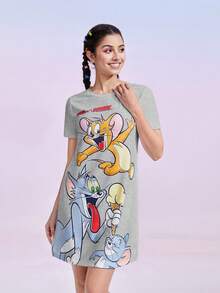 TOM & JERRY X SHEIN 女士卡通字母印花短袖睡裙，夏季，宽松睡衣