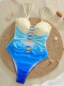 SHEIN Swim Vcay 女士撞色拼接褶皱镂空连体泳衣，夏季沙滩裙，女士沙滩比基尼，2026夏季腰果印花，适合夏季海滩度假、约会、下午茶、西式、邮轮、海滩、海岛、公路旅行、四季皆宜、音乐节、波西米亚风度假、秋日休闲，西式波西米亚风女士泳衣，收腹提臀连体泳衣，后系带连体泳衣，贝壳泳衣，镂空连体泳衣，单排扣泳衣，可爱女士泳衣，水钻泳衣，镂空连体泳衣，女士泳装 - 彩色 - 查看 5