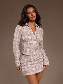 SHEIN ICON 女士性感格子长袖上衣和迷你裙两件套，适合办公室穿着 - 棕色 - 查看 5