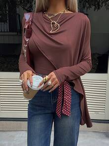 Siren Gaze 女士优雅褶裥肩部长袖圆领T恤，棕色，秋冬款 - 棕色 - 查看 3