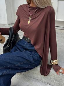 Siren Gaze 女士优雅褶裥肩部长袖圆领T恤，棕色，秋冬款 - 棕色 - 查看 6