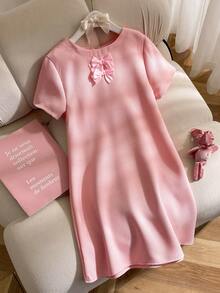 SHEIN Tween Girls' Pink Short Sleeve Loose A-Line Dress With Bow Design, Elegant For Commuting Elegant Pink Bow Girls Dress - Pink - View 1