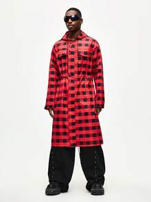 ROMWE MEN Men's Street Style Black & Red Plaid Long Sleeve Hooded Long Jacket - Multicolor - View 5