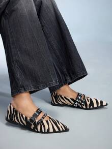 CUCCOO GRLICON Women's Zebra Print Pointed Toe Buckle Design Casual Everyday Versatile Flat Shoes For Christmas - Apricot - View 2