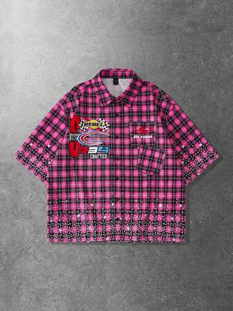 Camisa casual holgada de manga corta a cuadros para hombres, uso versátil diario