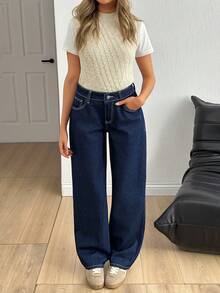 SHEIN Women's Jeans Low Waist Raw Wash Clean Smart Casual Denim Straight Leg Jean Cowgirl Outfit 2000s Style - Dark Wash - View 5