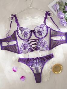 两件套花卉刺绣网纱透视性感内衣套装