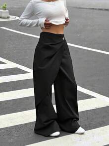 Muchica 女士黑色阔腿宽松交叉裹身休闲裤