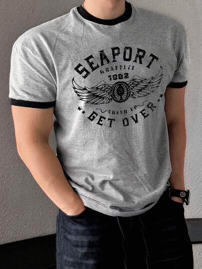 DAZY Men's Summer Contrast Color Collar Round Neck Letter Print Slim Fit T-Shirt