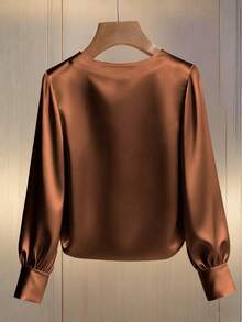 Franclia Chemise à manches longues élégante pour femmes avec col rond et ornements de perles, convient pour le trajet domicile-travail - Kaki - Voir 2