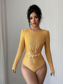 Elenzga Women's Fashionable Crew Neck Tie-Front Long Sleeve Bodysuit - Orange - View 5