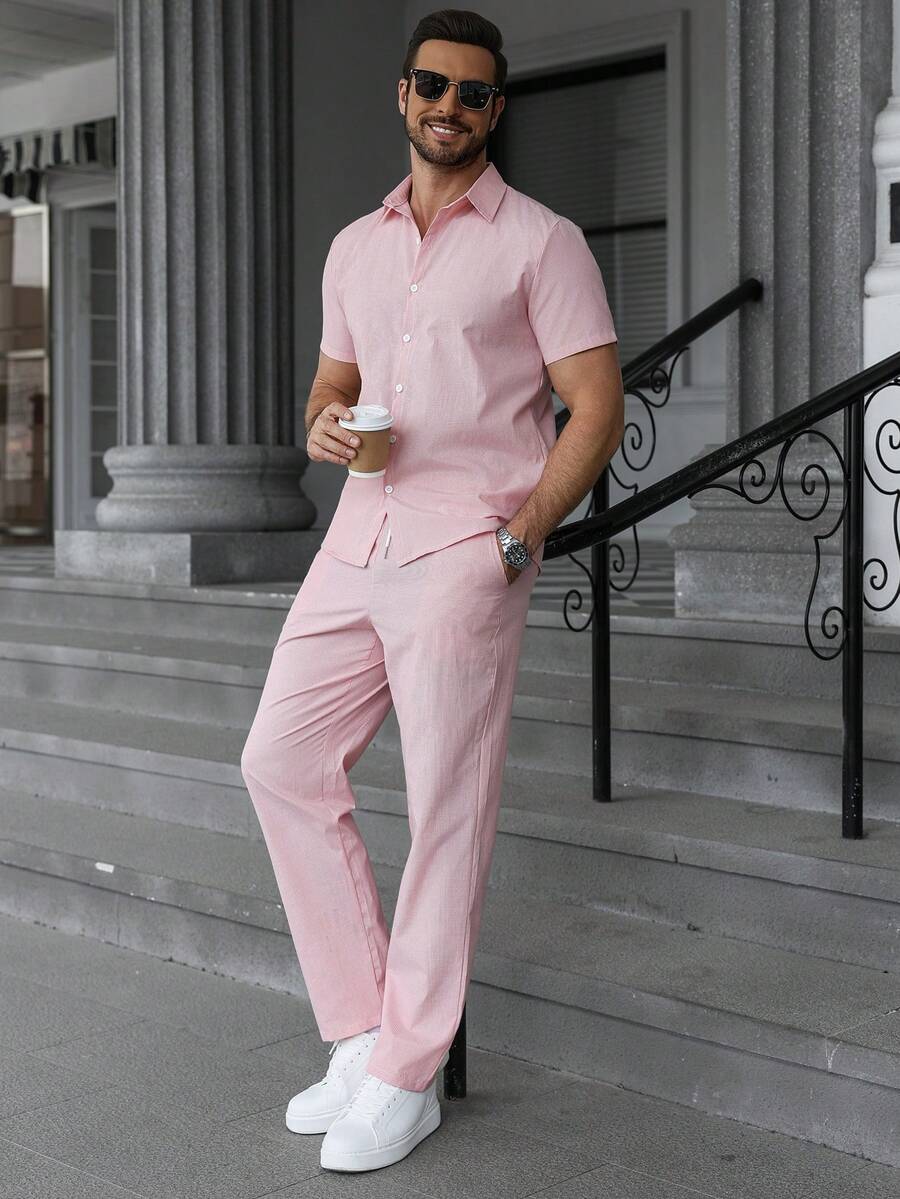 Manfinity CasualCool Men's Turndown Collar Single-Breasted Short Sleeve Shirt And Pants Casual Commuter Suit - Multicolor - View 1