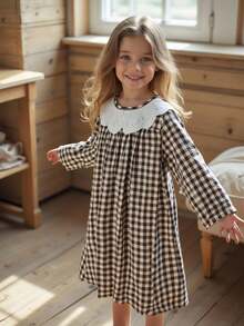 Vintaside Kids 女童格子保暖连衣裙，乡村风格，适合春、秋、冬过渡季节，时尚、优雅、可爱 - 棕色 - 查看 3