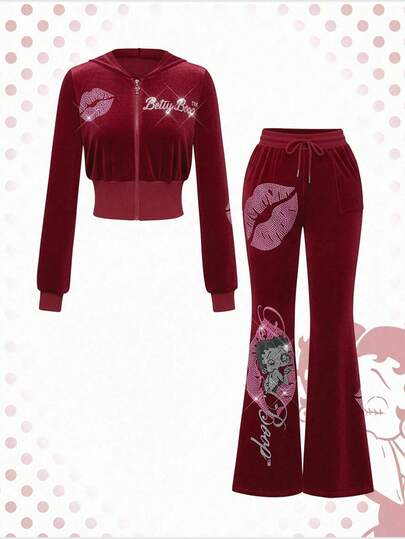 Betty Boop | ROMWE Y2K Samt Sweatshirt & Hose Set mit Buchstaben Grafik und Strass Verzierung, 2 Stücke für Damen