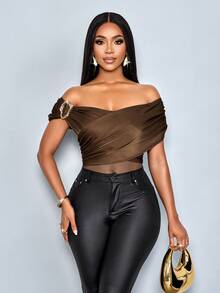 SOLERSUN Tuta elegante e sexy da donna con accessori in metallo in vita, adatta per l'ufficio e il tempo libero, manica lunga, colore marrone, ideale per feste e occasioni speciali - Castano - Visualizzare 4