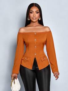 SOLERSUN 女士秋冬纯色优雅时尚日常休闲通勤复古露肩金属纽扣衬衫圣诞派对新年女装 - 鏽棕色 - 查看 4