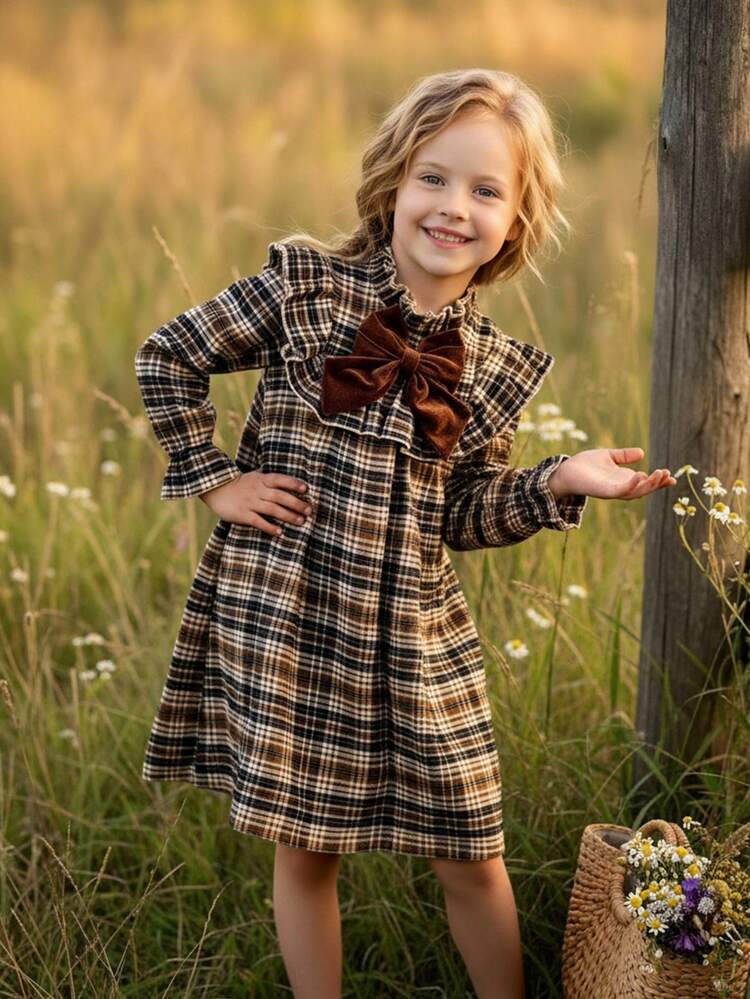 Emery Rose Kids Young Girls Woven Plaid Ruffle Trim Bow Decor Casual Dress Girls Fall Plaid Dress  Autumn Dress Kids  Brown Toddler Dresses  Girls Long Sleeve Dress  Girls Dress With Bow Girls Vintage Brown Plaid Long Sleeve Fall Dress With Decorative Velvet Bow And Ruffles Warm And Cozy For Autumn Girls Fall Plaid Dress With Brown Velvet Bow Long Sleeve Ruffle Neck Babydoll Style A-Line Dress For Toddlers And Kids - Black and White - View 3