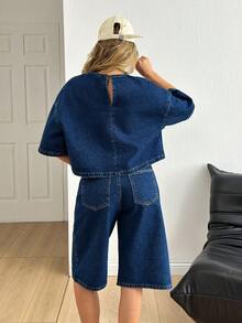 EURMUSE WOMEN Two Pieces OUTFIT DENIM TOP AND JORT SHORT HIGH WAIST JEAN - Medium Wash - View 2