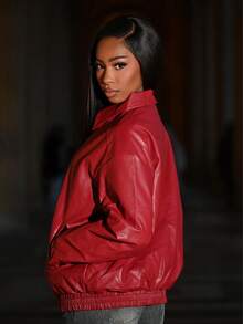 Mima John Casual Off-Shoulder Zipped PU Leather Coat In Fall/Winter - Burgundy - View 3