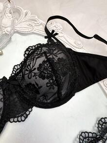 SHEIN 2pcs Women Lace Patchwork Sheer Twist Sexy Lingerie Set - Black - View 5