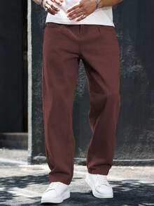 Manfinity Homme 男士纯色口袋休闲直筒牛仔裤 男士宽松直筒休闲裤 - 鏽棕色 - 查看 8