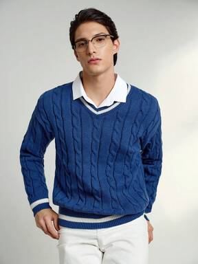 RONVEXI Pull tricoté câble décontracté pour hommes, style universitaire avec patchwork et rayures sur le bas, pour l'automne/l'hiver