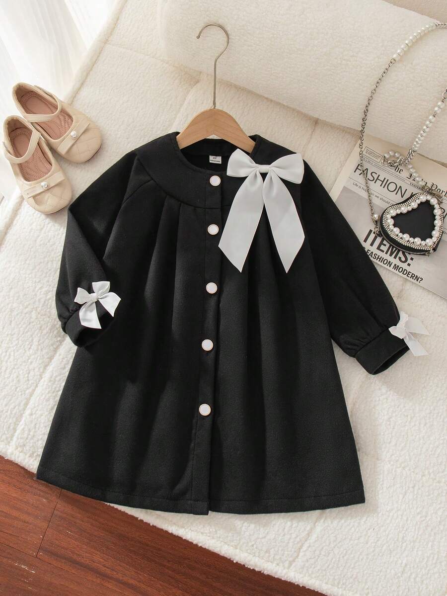 1件女童冬季新款2025韩版中长款外套，圆领开襟宽松长袖，可拆卸蝴蝶结袖口和领子，优雅时尚街头风简约风衣 - 黑色 - 查看 1