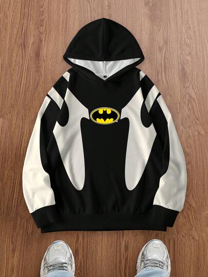 BATMAN X SHEIN 男士休闲宽松蝙蝠印花撞色连帽衫，春秋季