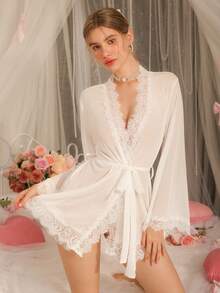 DelicateAllure 情人节性感网纱蕾丝边喇叭袖女士睡袍 - 白色 - 查看 6