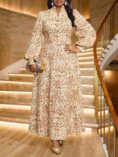 SHEIN Lady Autumn And Winter Elegant Modest Party  Cocktail Party Concert/Music Festival Office Colorful Knitted Notched  Stand Neck Ball Gown Bishop Sleeve Belted Button Long Long Sleeve Plus Size Dresses Winter Clothes For Women Winter Dress Women's Winter Dress Winter Dress Women Winter Outfit For Women Yellow New Year's Dress Party Dress Elegant Dresses For Party Christmas Party Dress Long Party Dresses  Elegant Dresses For Women Elegant Dresses For Ladies Leopard Print Plus Size Women's Ditsy Floral V-Neck Lantern Sleeve Elegant Dress