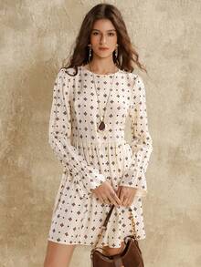 Florisole Vestido mini de manga larga con cuello redondo y estilo de muñeca para mujer