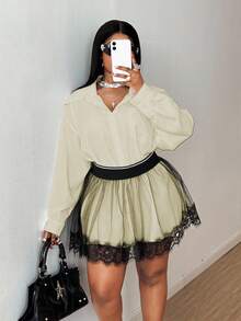 Maweii Plus Size Shirt & Mesh Skirt 2 Pieces Set - Apricot - View 1