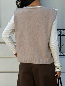 Siren Gaze 女士棕色菱形格纹针织背心，秋冬新品 - 棕色 - 查看 2