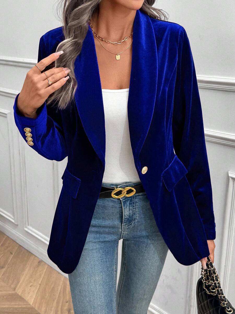 EMERY ROSE Women's Elegant Solid Color Velvet Blazer - Royal Blue - View 1